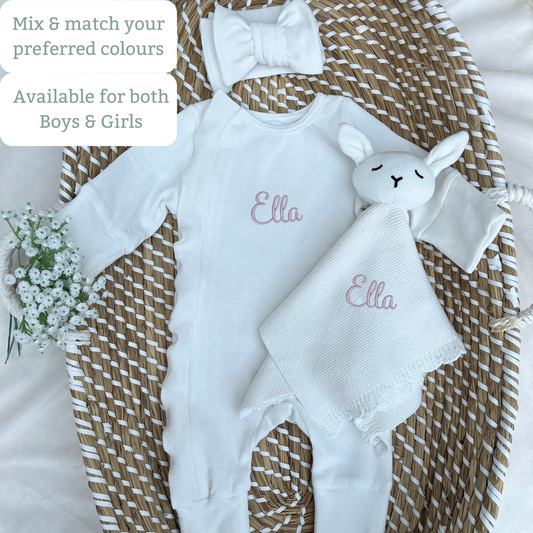 The Lullaby Love Bundle- Two piece baby sleepsuit with Hat or Headband & Teddy