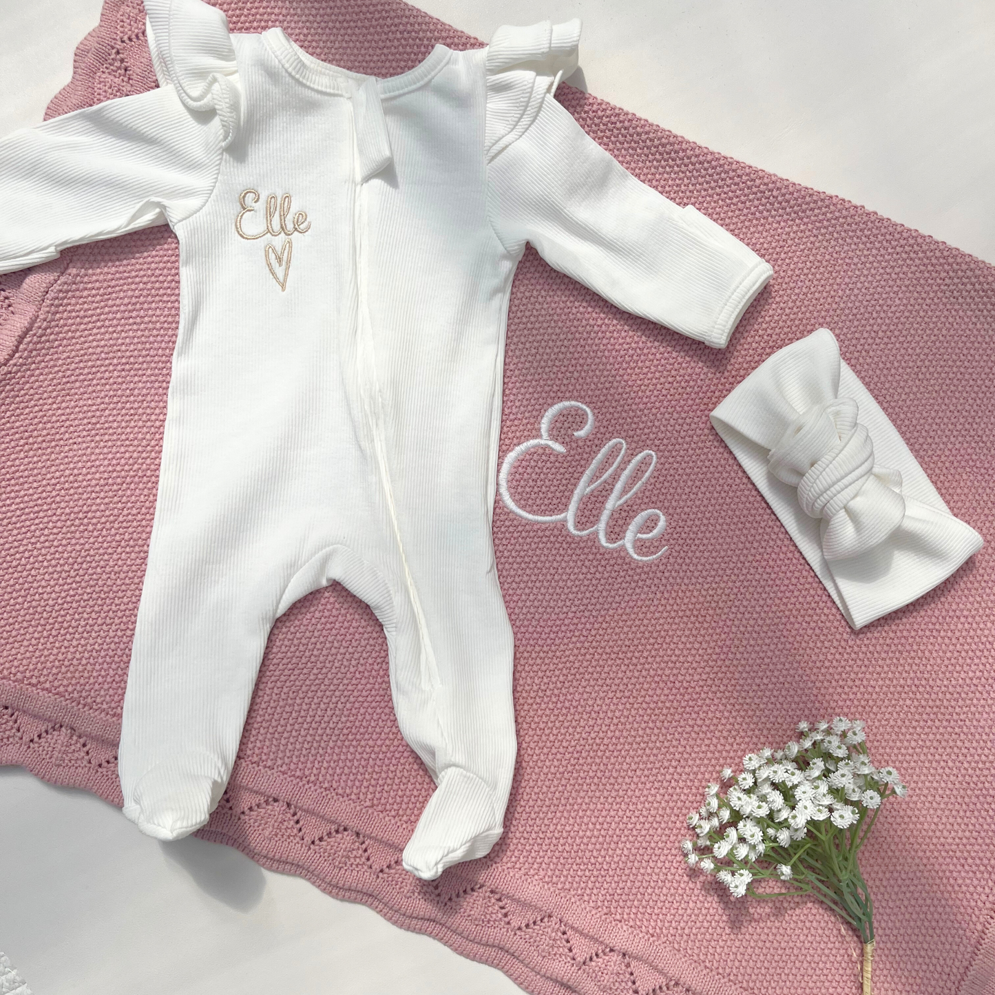 Build your own Girls Babygrow, Headband & Crochet Knit Blanket (More colours available)