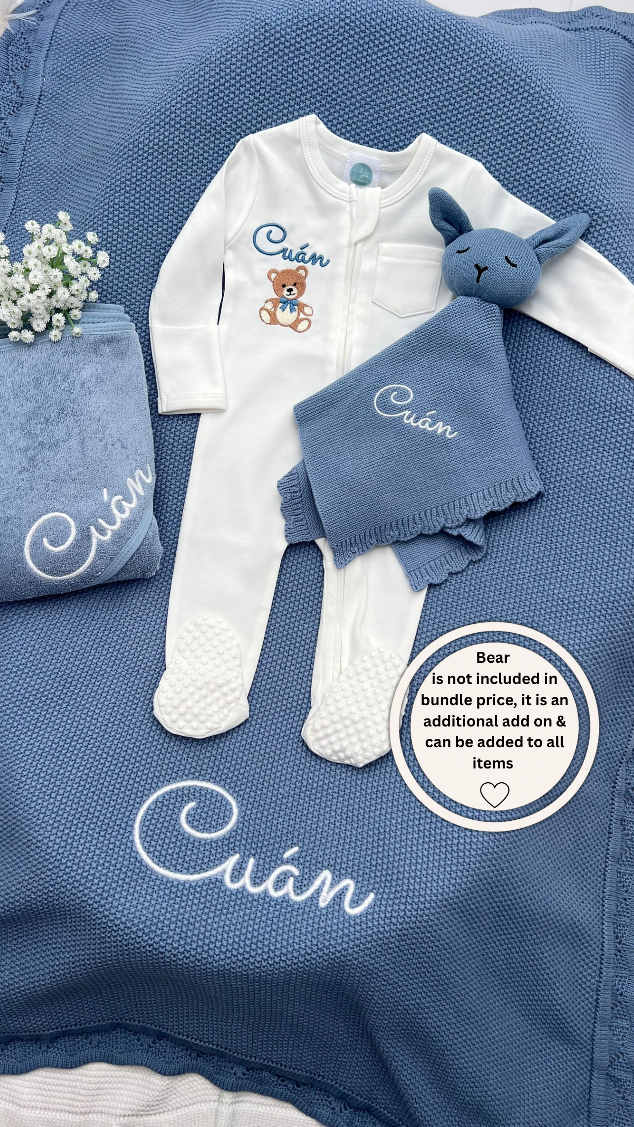 Build your own 4 piece crochet Knit Blanket, Teddy, Towel & Babygrow Bundle (More Colours available)