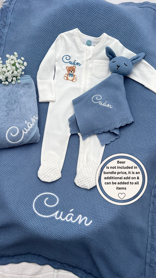 Build your own 4 piece crochet Knit Blanket, Teddy, Towel & Babygrow Bundle (More Colours available)