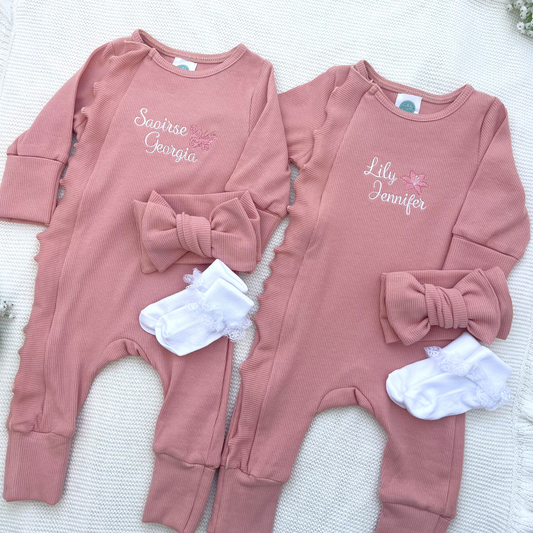 Twin Baby Girls Footless Grow, Headband & Socks set
