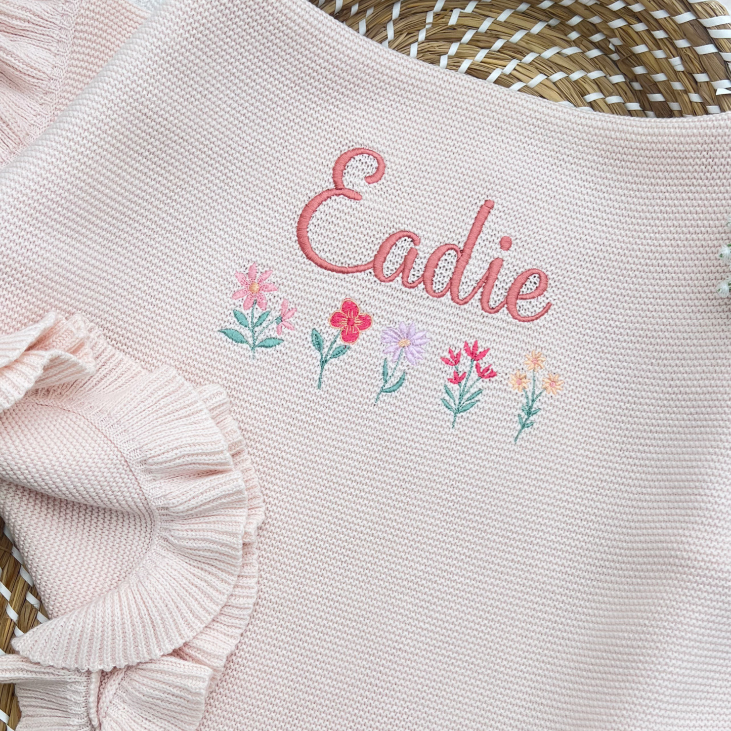 Frill Edge 100% Cotton Knit Personalised Baby Blanket & Teddy Bundle
