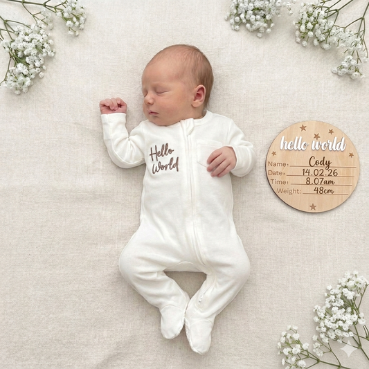 Organic Cotton Baby Grow & Hello World Sign