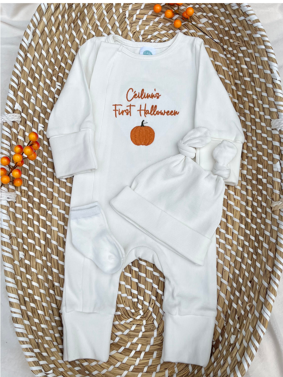 Baby Boys Halloween 2 piece Babygrow & Hat White