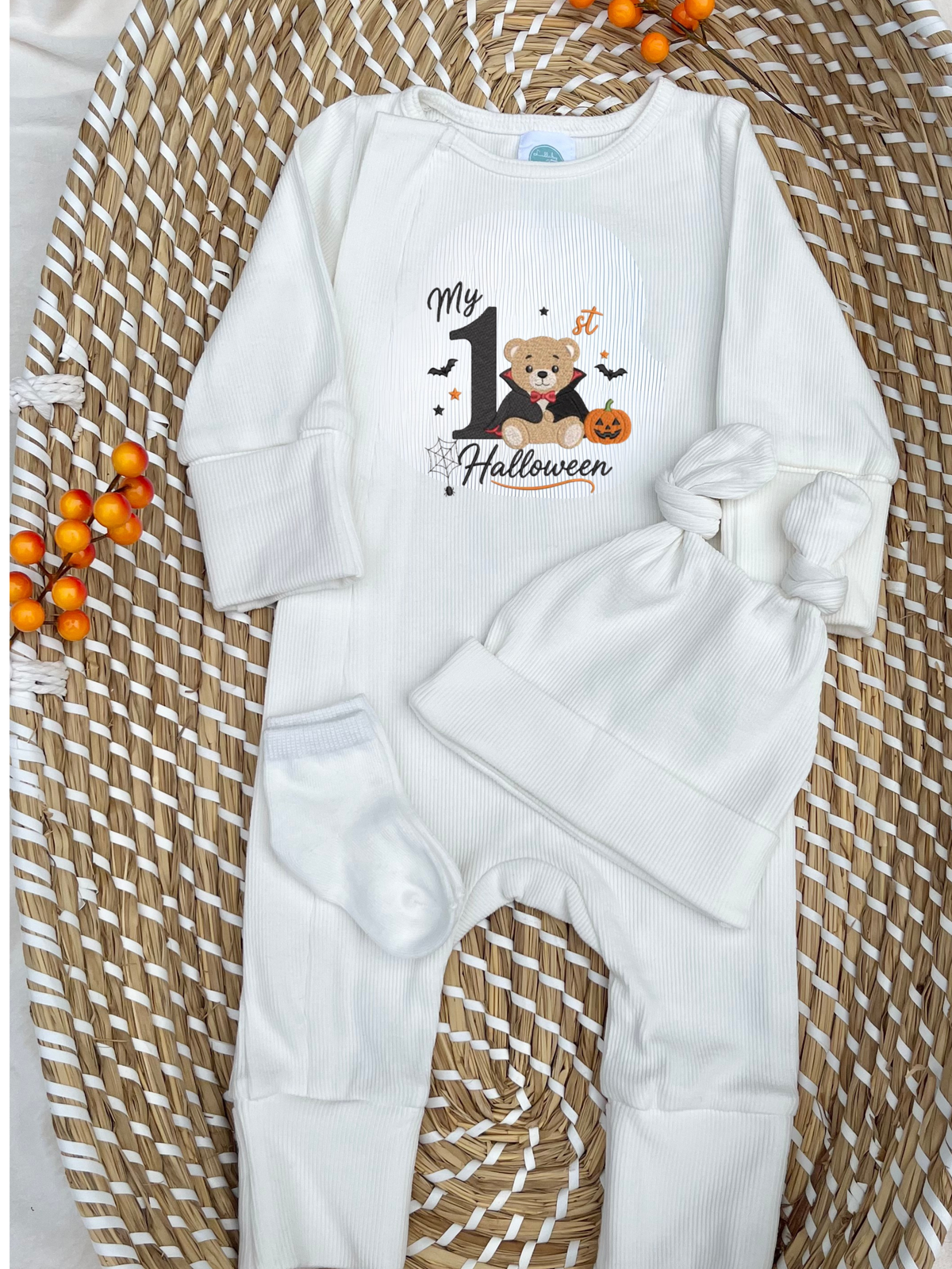 Baby Boys Halloween 2 piece Babygrow & Hat White