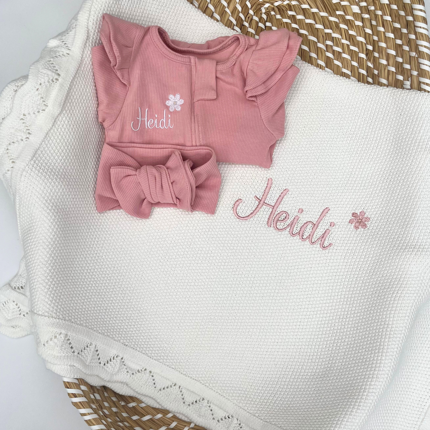 Build your own Girls Babygrow, Headband & Crochet Knit Blanket (More colours available)
