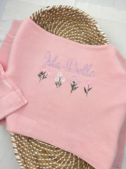 Plain 100% Cotton Knit Personalised Baby Blanket Peony