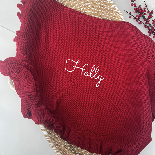 Frill Edge 100% Cotton Knit Personalised Baby Blanket Ruby