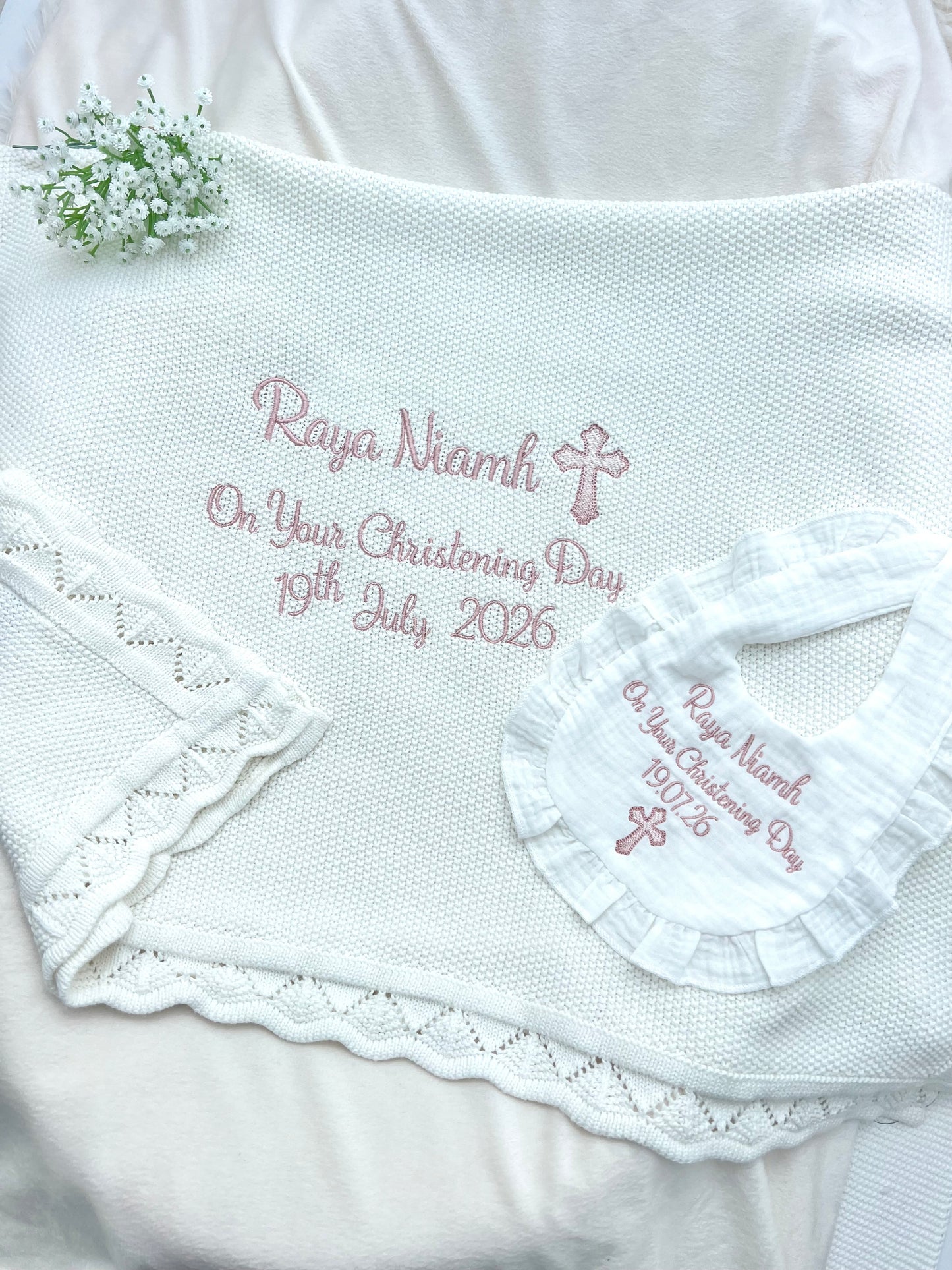 Build your own Girls Christening Bundle, Blanket, Grow & Headband & Bib
