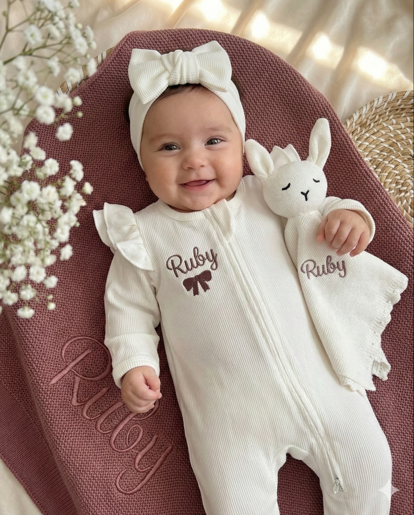 Build your own Plain Knit Blanket, Teddy & Frill shoulder Babygrow with headband bundle (More Colours available)