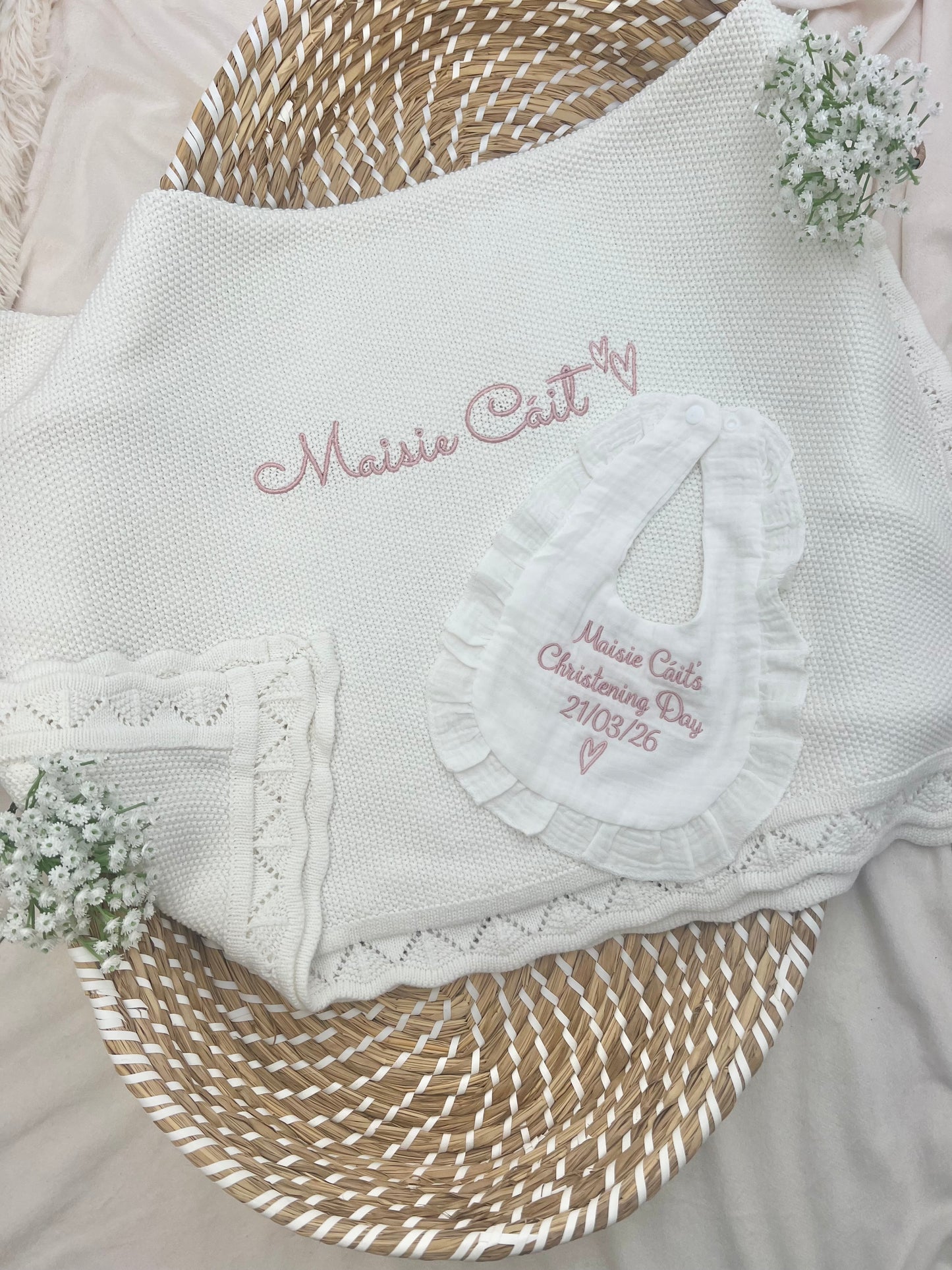 Build your own Girls Christening Bundle, Blanket, Grow & Headband & Bib
