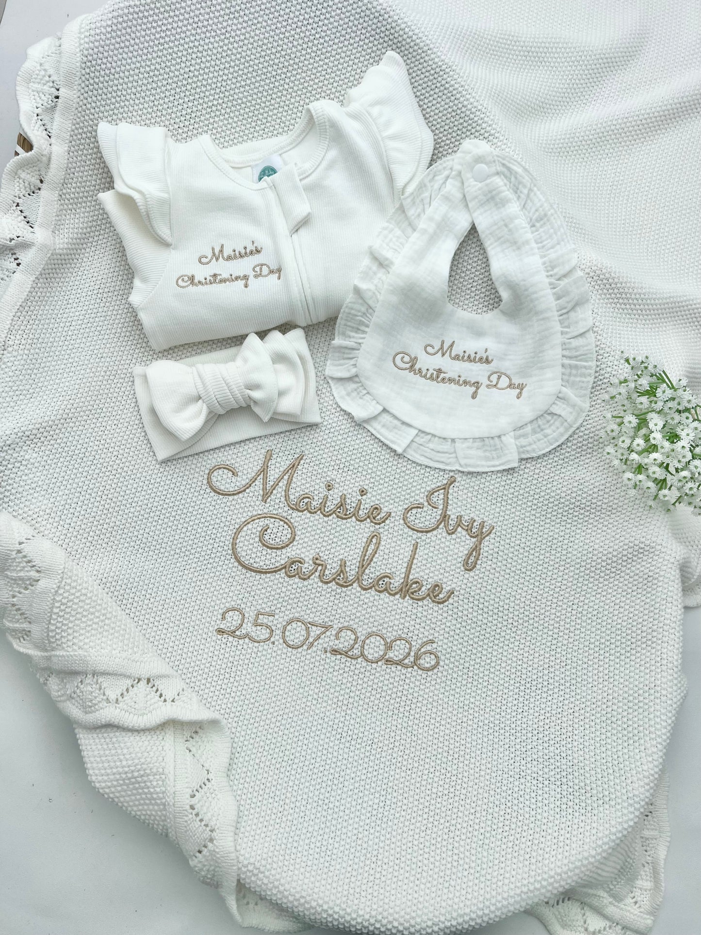 Build your own Girls Christening Bundle, Blanket, Grow & Headband & Bib