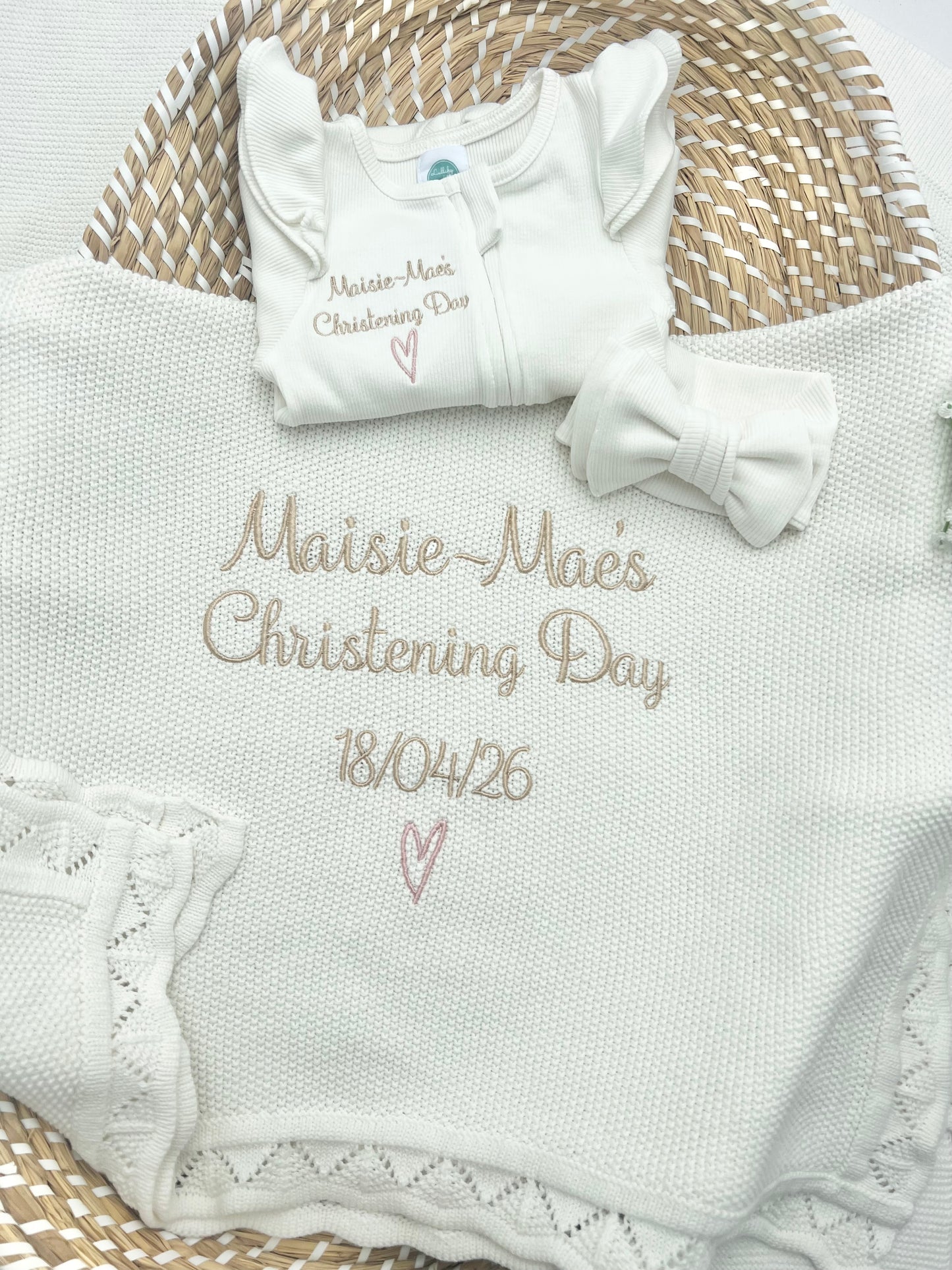 Build your own Girls Christening Bundle, Blanket, Grow & Headband & Bib