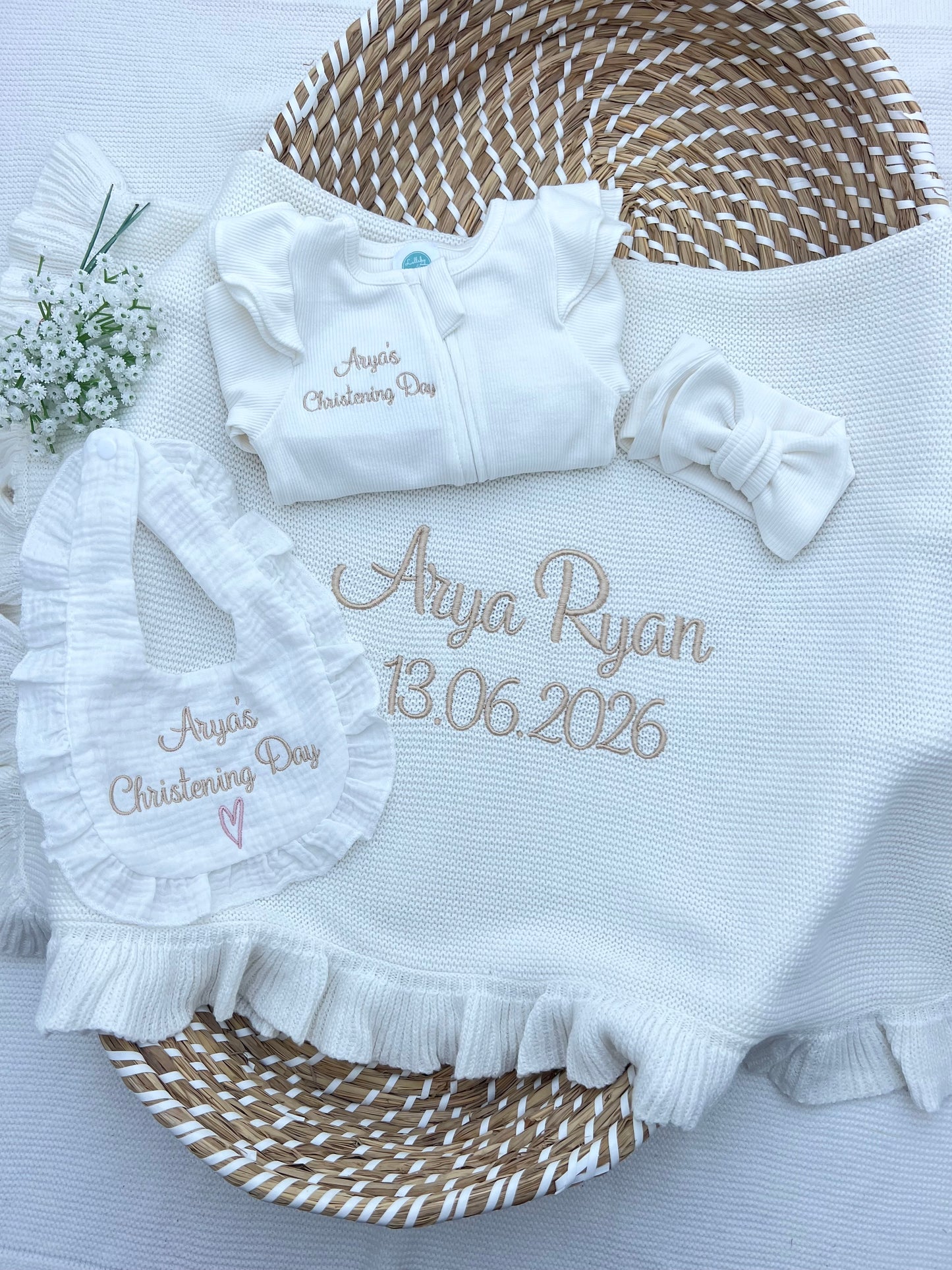Build your own Girls Christening Bundle, Blanket, Grow & Headband & Bib